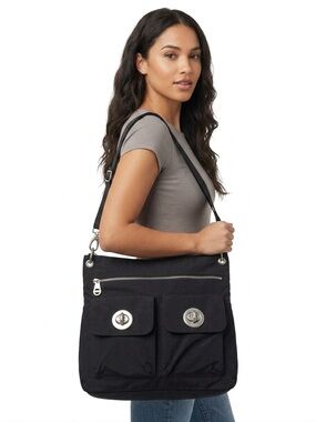 Baggallini Large Black Nylon Messenger Bag - Travel & Everyday Organizer